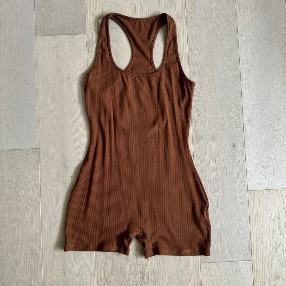 ALL THE WAYS Teagan Biker Short Romper in Brown